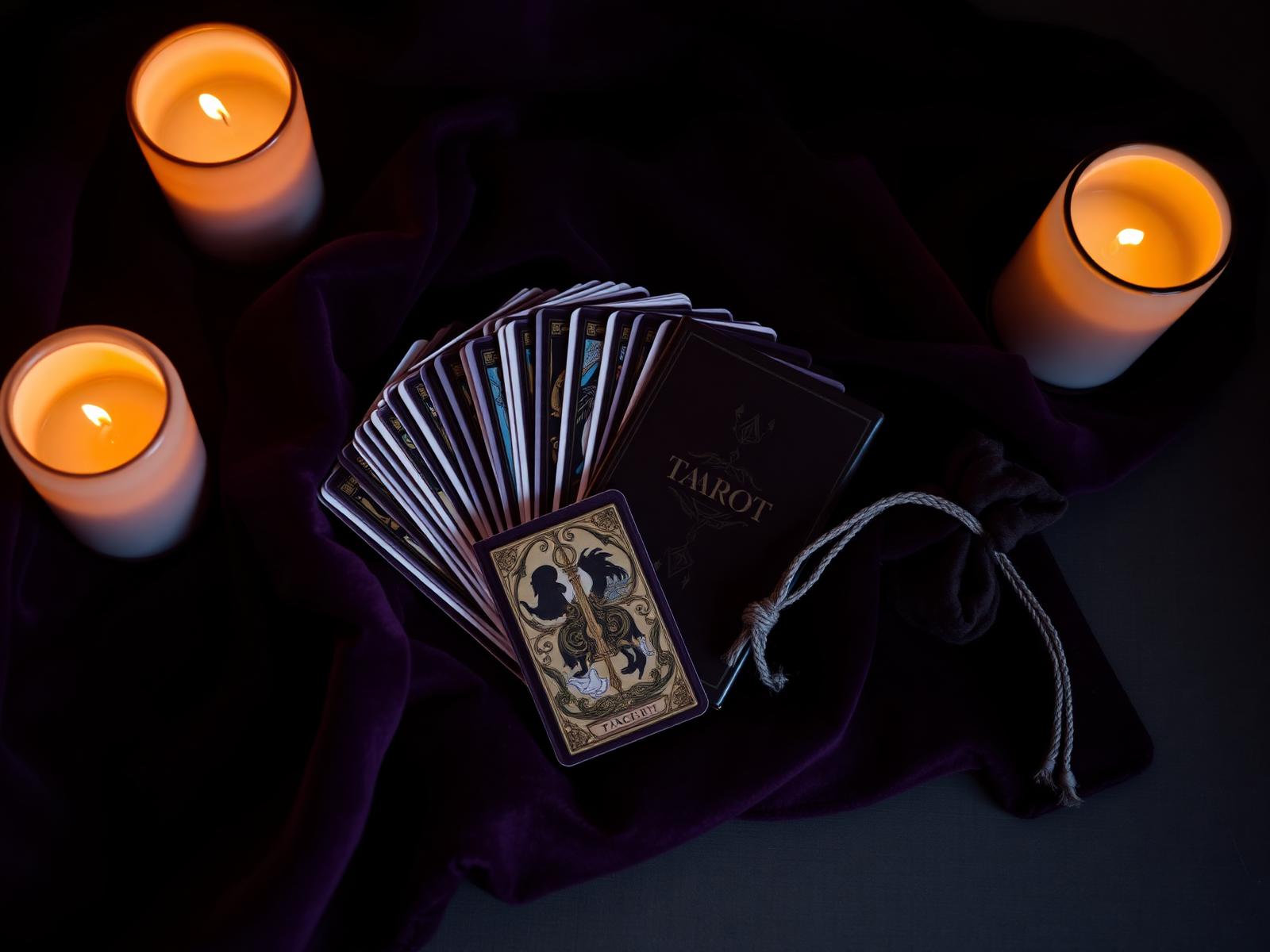 Tarotpakka, opaskirja ja samettinen säilytyspussi kynttilänvalossa